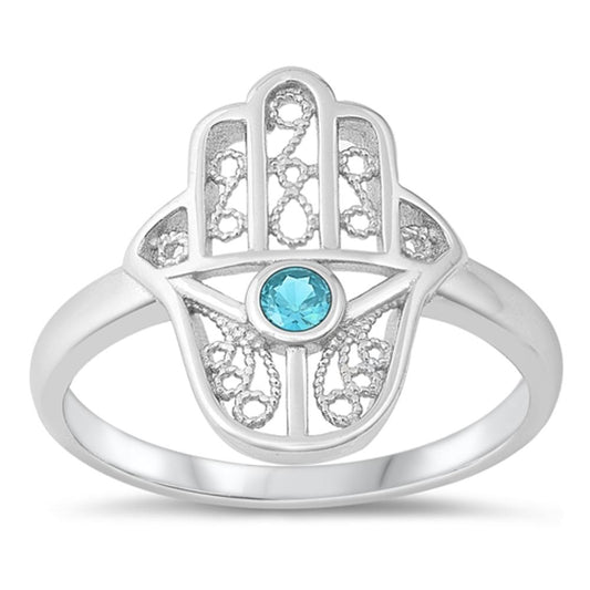 Filigree Hand of God Blue Sapphire CZ Hamsa Ring .925 Sterling Silver Sizes 5-10