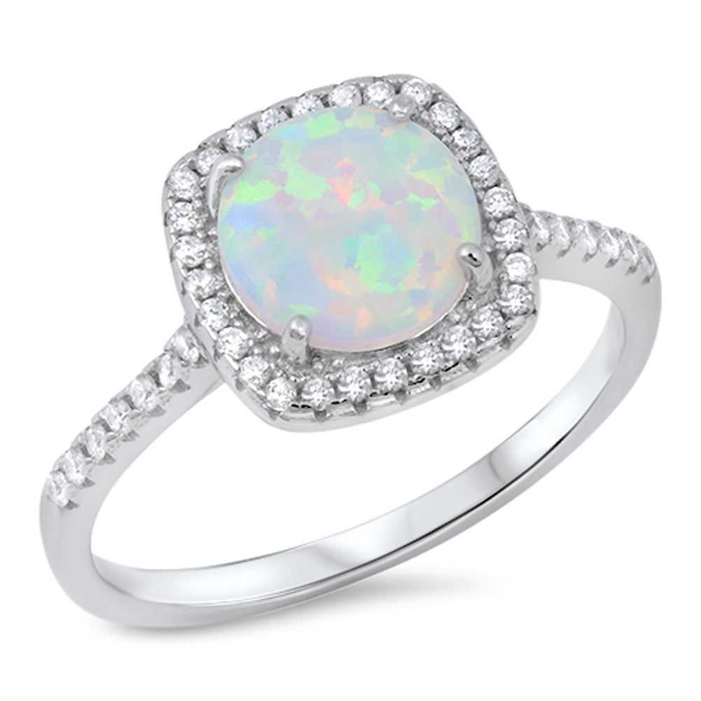 Round White Lab Opal Micro Pave Halo Ring .925 Sterling Silver Band Sizes 4-12