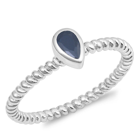 Teardrop Solitaire Black CZ Ring New .925 Sterling Silver Rope Band Sizes 4-9