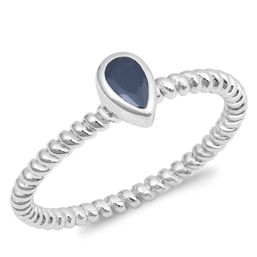 Teardrop Solitaire Black CZ Ring New .925 Sterling Silver Rope Band Sizes 4-9