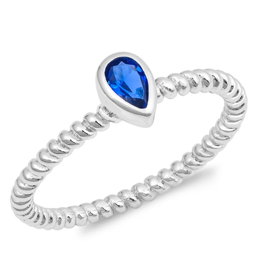 Teardrop Blue Sapphire CZ Ring .925 Sterling Silver Bali Twist Band Sizes 4-9