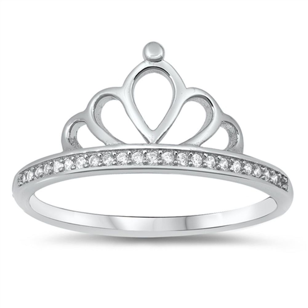 Clear CZ Studded Princess Crown Ring New .925 Sterling Silver Band Sizes 4-10
