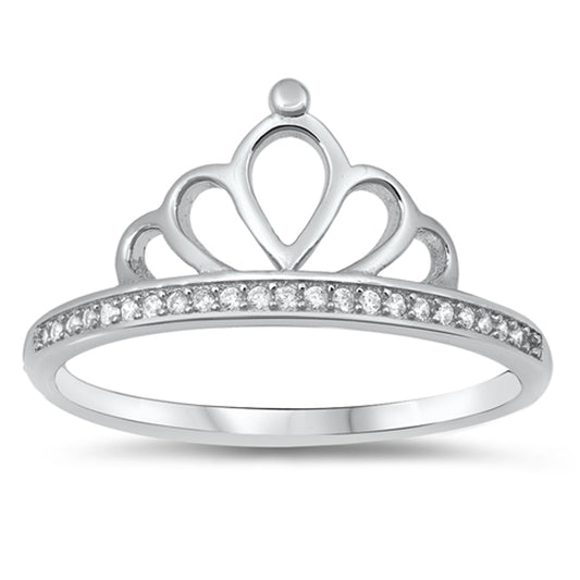 Clear CZ Studded Princess Crown Ring New .925 Sterling Silver Band Sizes 4-10