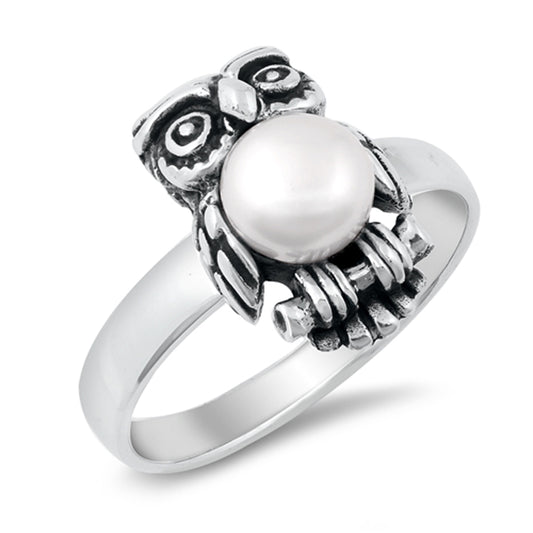 Freshwater Pearl Oxidized Owl Ring New .925 Sterling Silver Band Sizes 4-10