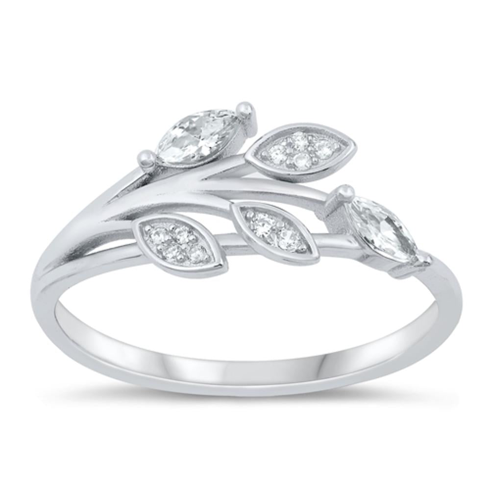 Sterling Silver White CZ Leaves Ring
