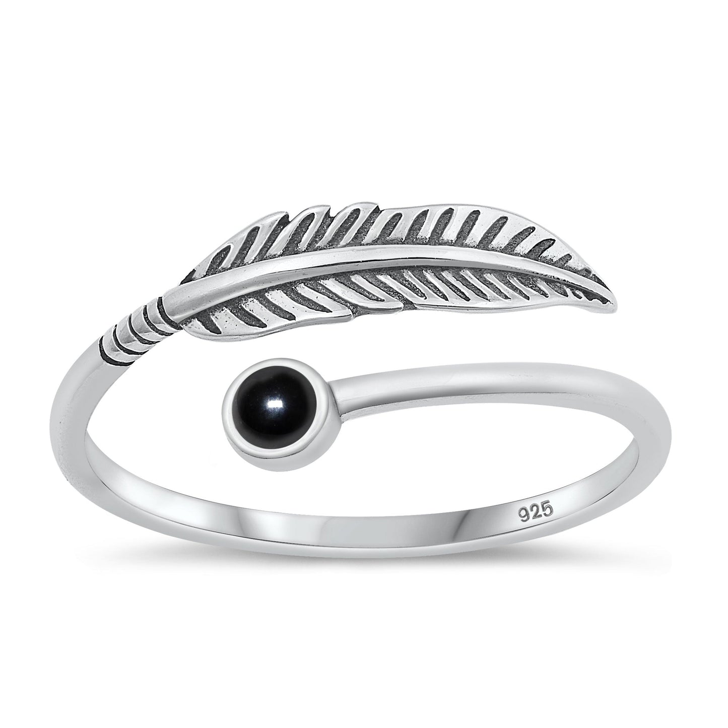 Sterling Silver Black Agate Feather Spoon Ring