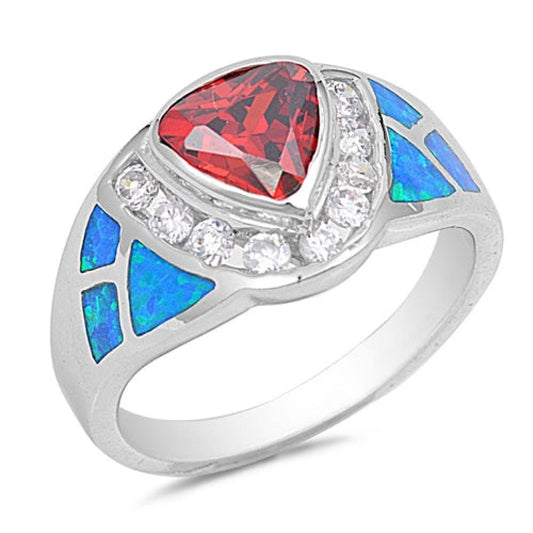 Sterling Silver Blue Lab Opal Garnet & Clear CZ Ring