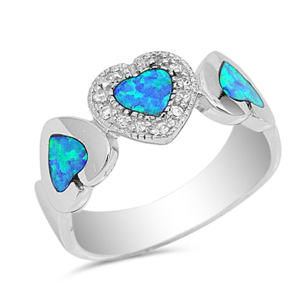 Sterling Silver Blue Lab Opal Clear CZ Heart Ring