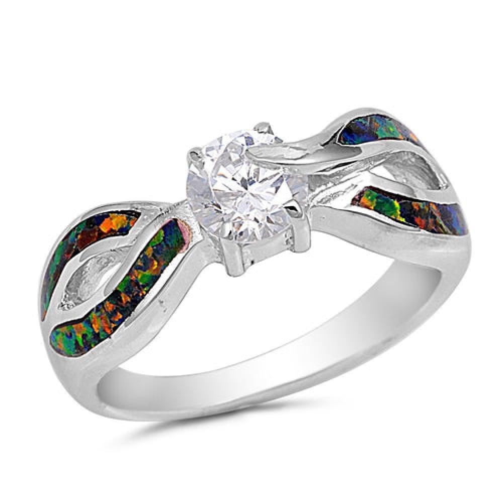 Sterling Silver Mystic Lab Opal & Clear CZ Ring