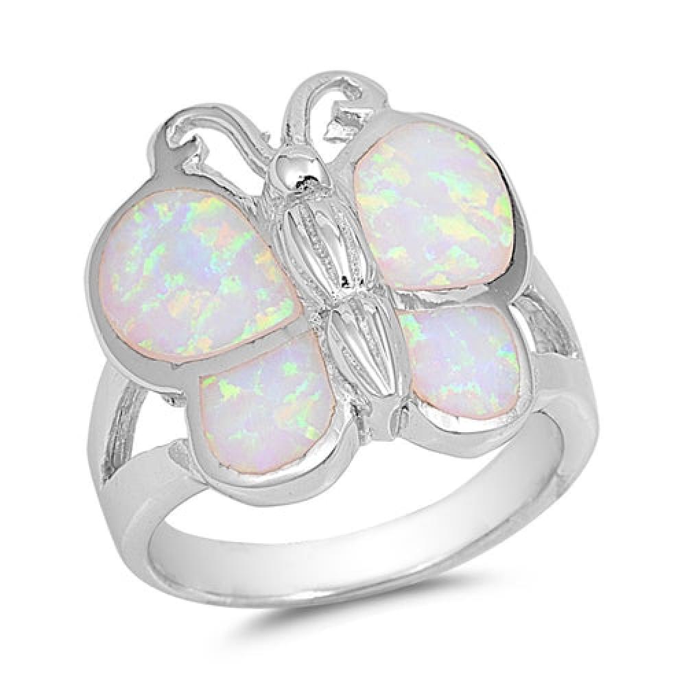 Sterling Silver Pink Lab Opal Butterfly Ring