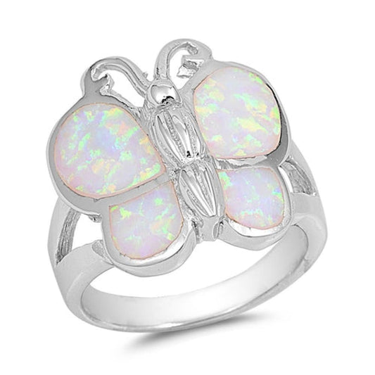 Sterling Silver Pink Lab Opal Butterfly Ring