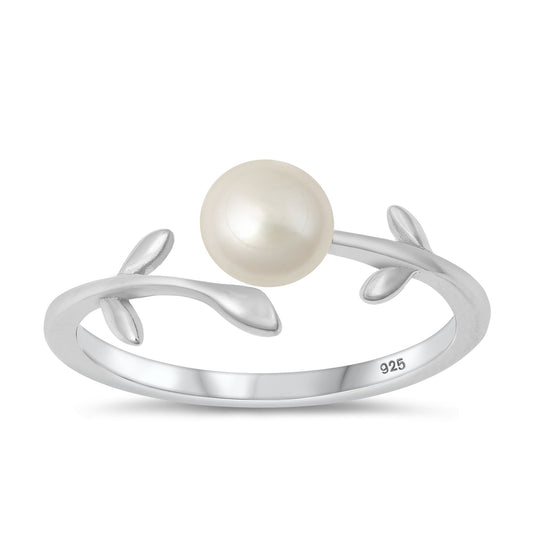 Sterling Silver Freshwater Pearl Leaf Spoon Ring