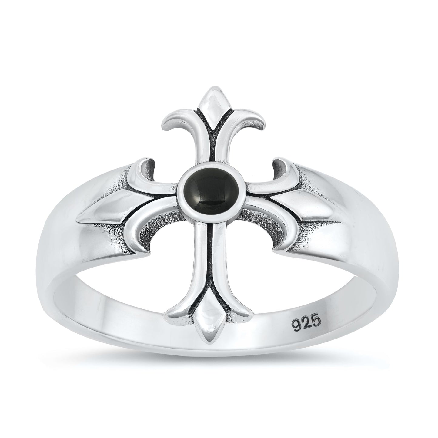 Sterling Silver Black Agate Cross Ring