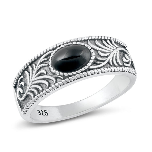 Sterling Silver Black Agate Leaf Ring