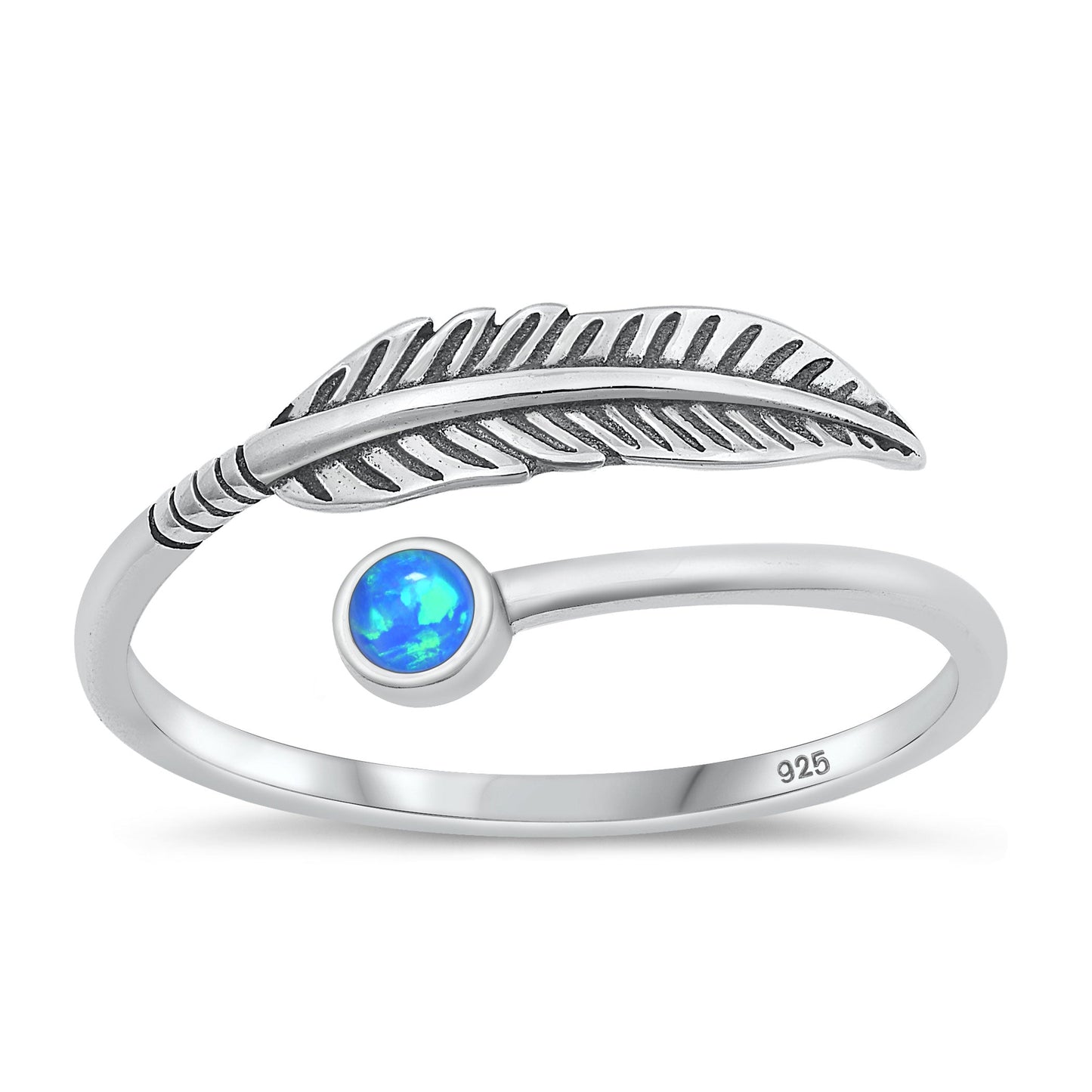 Sterling Silver Blue Lab Opal Feather Ring