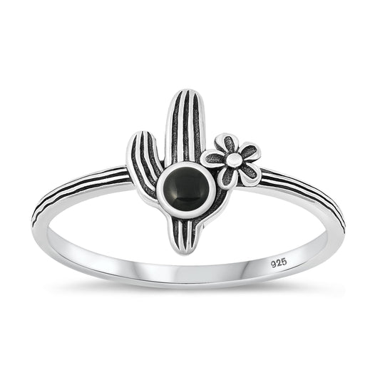 Sterling Silver Black Agate Cactus Ring