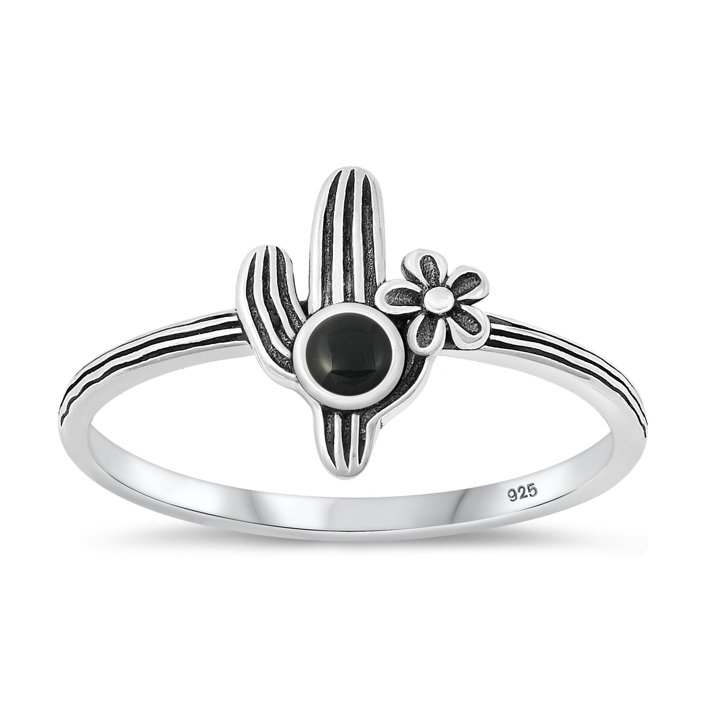 Sterling Silver Black Agate Cactus Ring