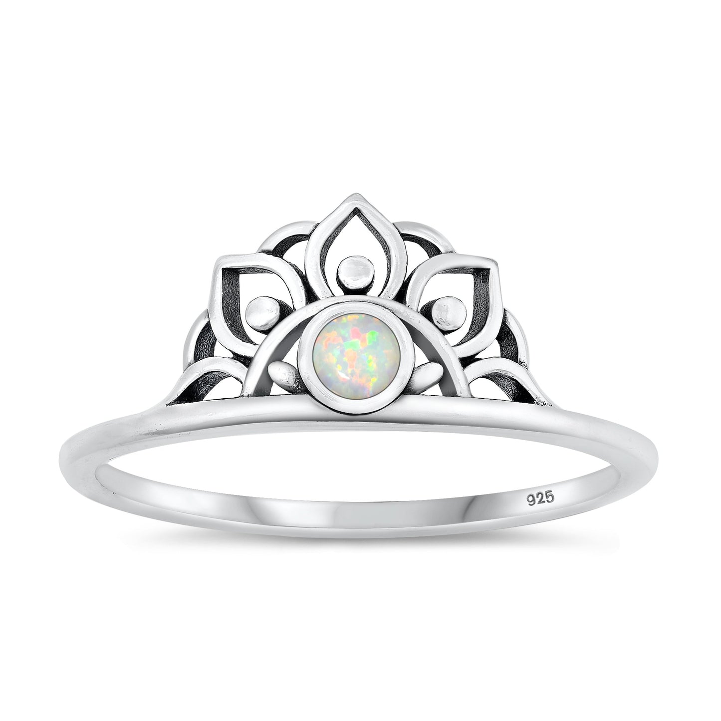 Sterling Silver White Lab Opal Lotus Tiara Ring