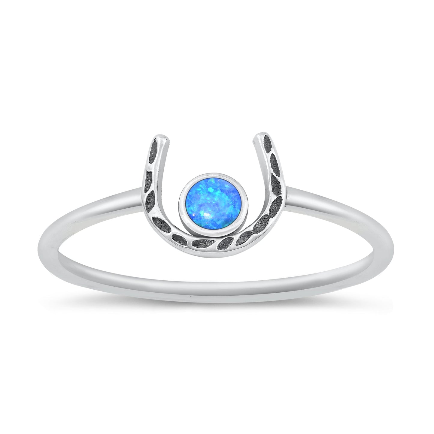 Sterling Silver Blue Lab Opal Horseshoe Ring