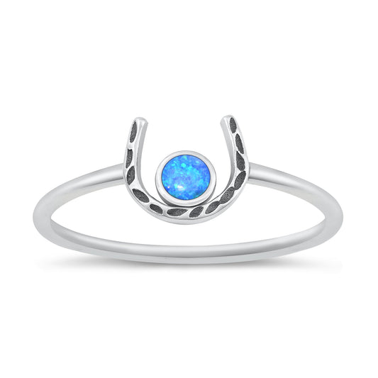 Sterling Silver Blue Lab Opal Horseshoe Ring
