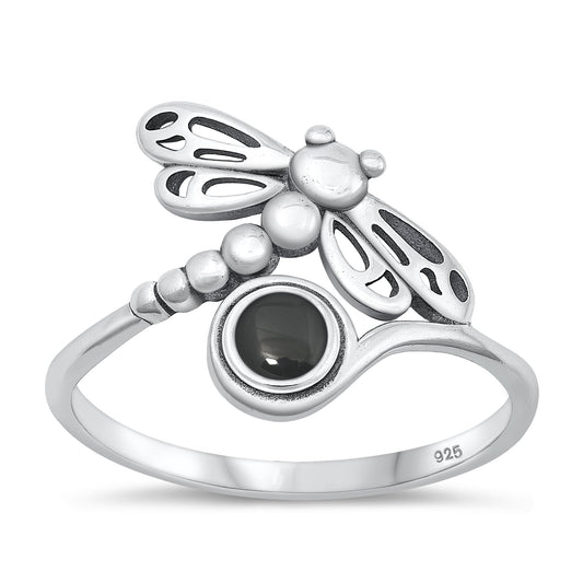 Sterling Silver Black Agate Dragonfly Ring