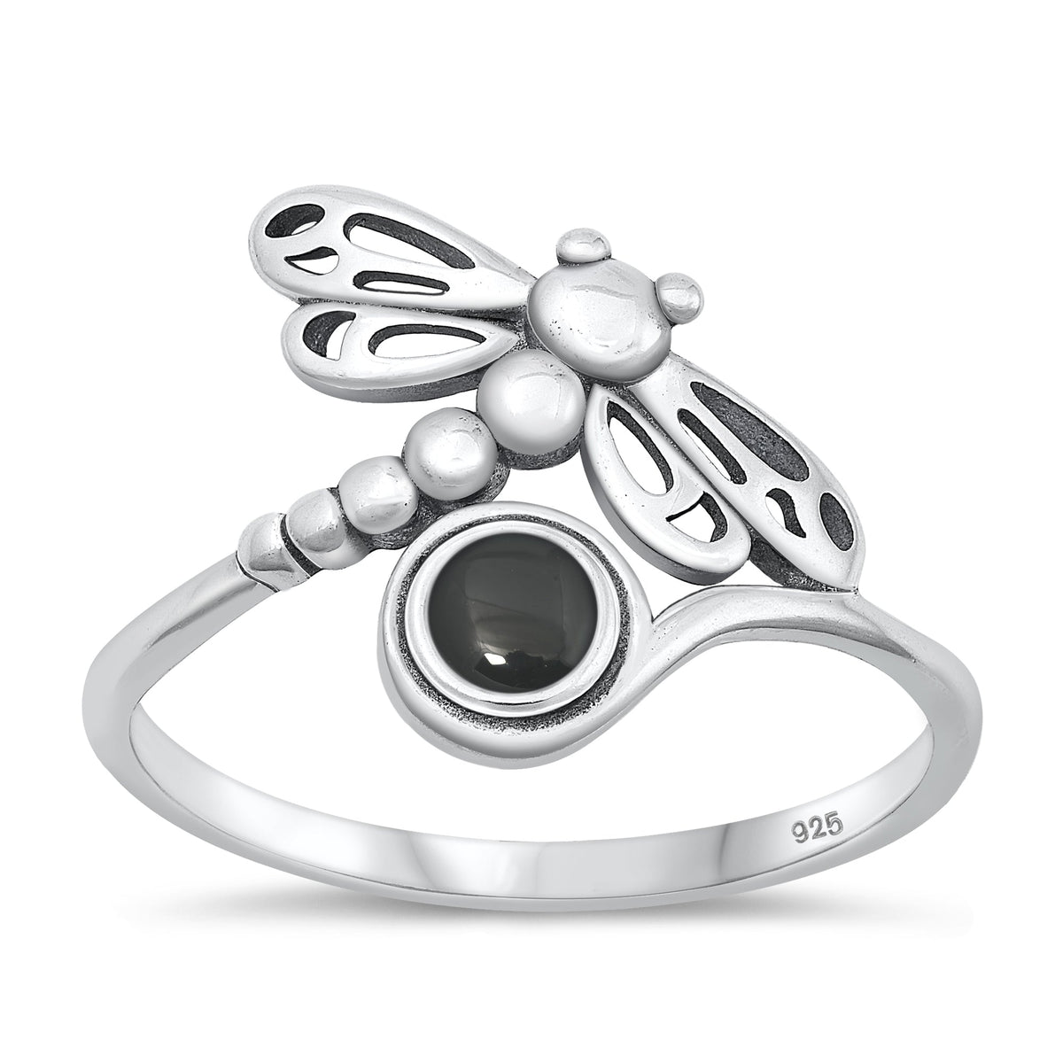 Sterling Silver Black Agate Dragonfly Ring