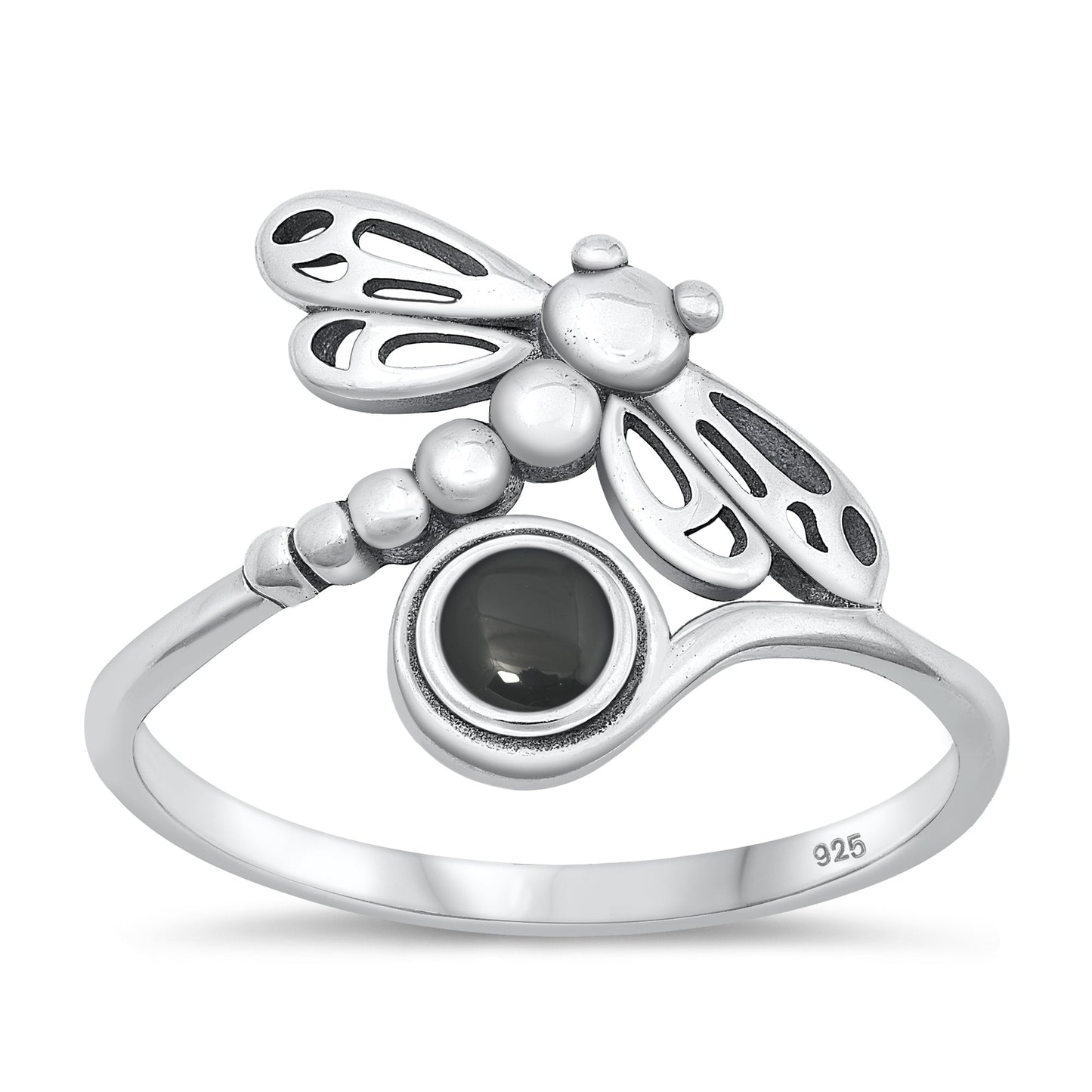 Sterling Silver Black Agate Dragonfly Ring