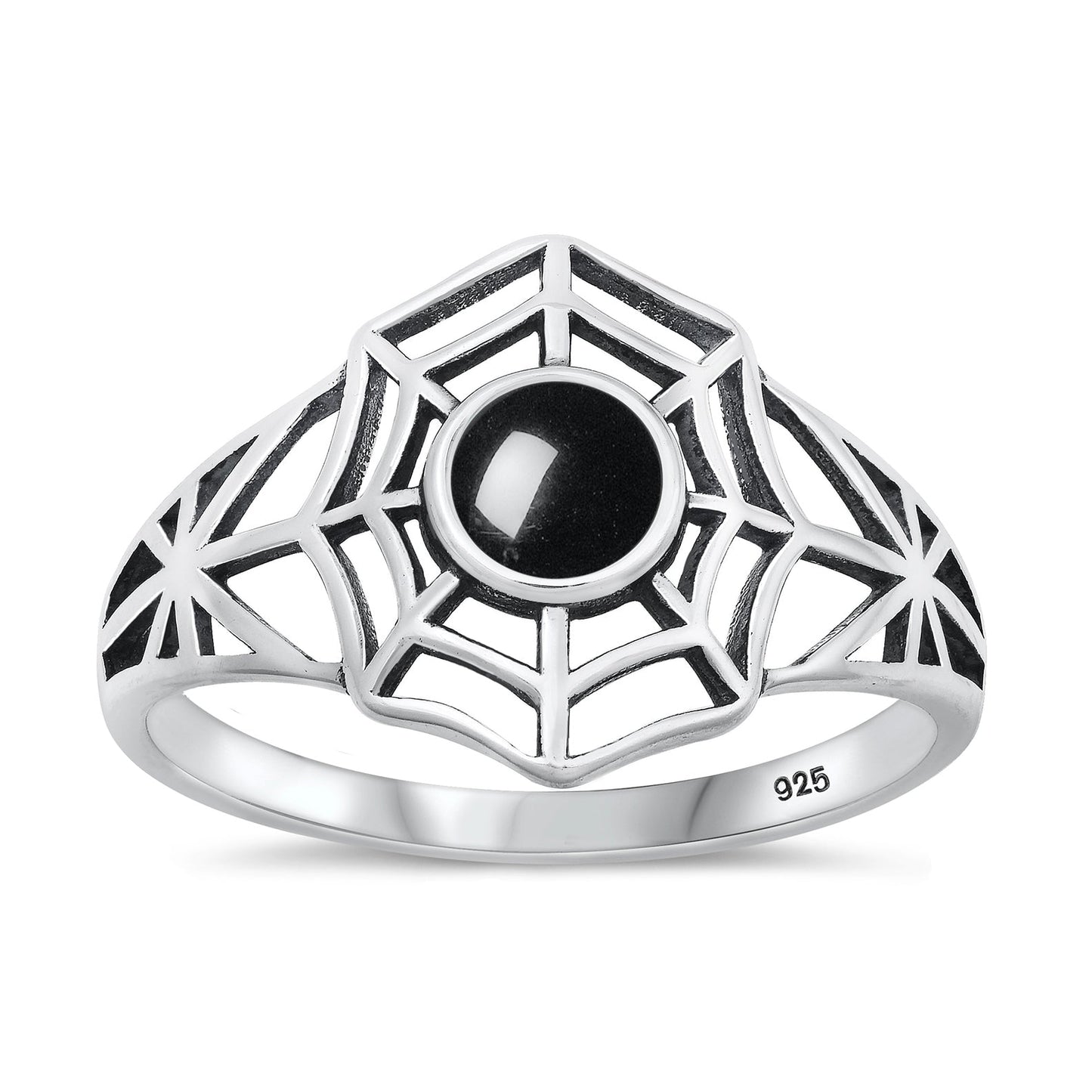 Sterling Silver Black Agate Spiderweb Ring