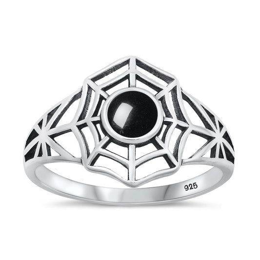 Sterling Silver Black Agate Spiderweb Ring