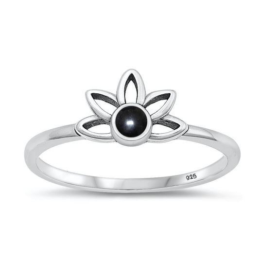 Sterling Silver Black Agate Lotus Ring