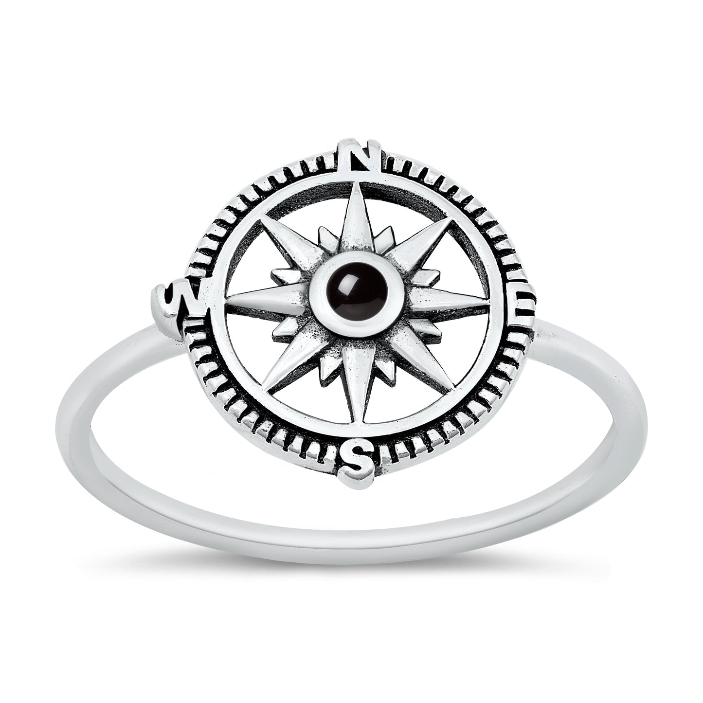 Sterling Silver Black Agate Compass Ring