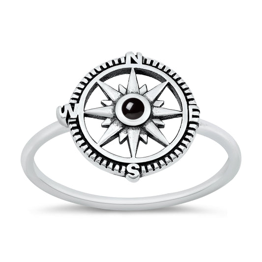Sterling Silver Black Agate Compass Ring