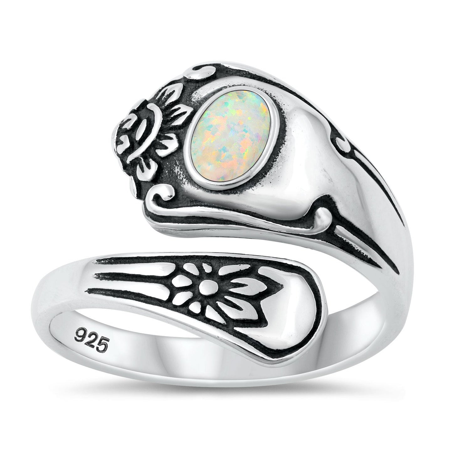 Sterling Silver White Lab Opal Spoon Ring