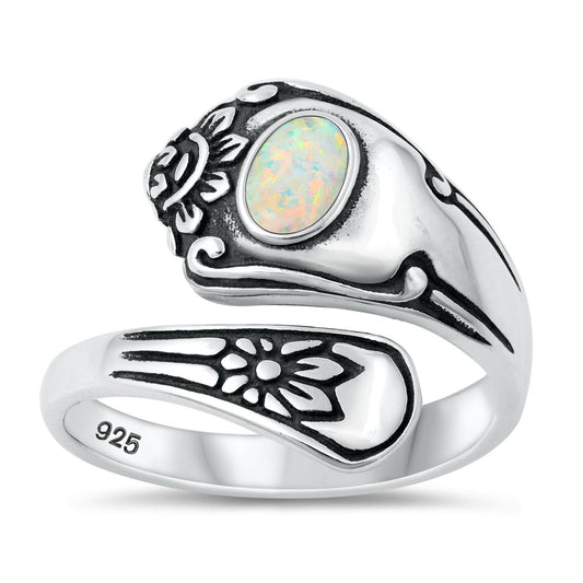 Sterling Silver White Lab Opal Spoon Ring
