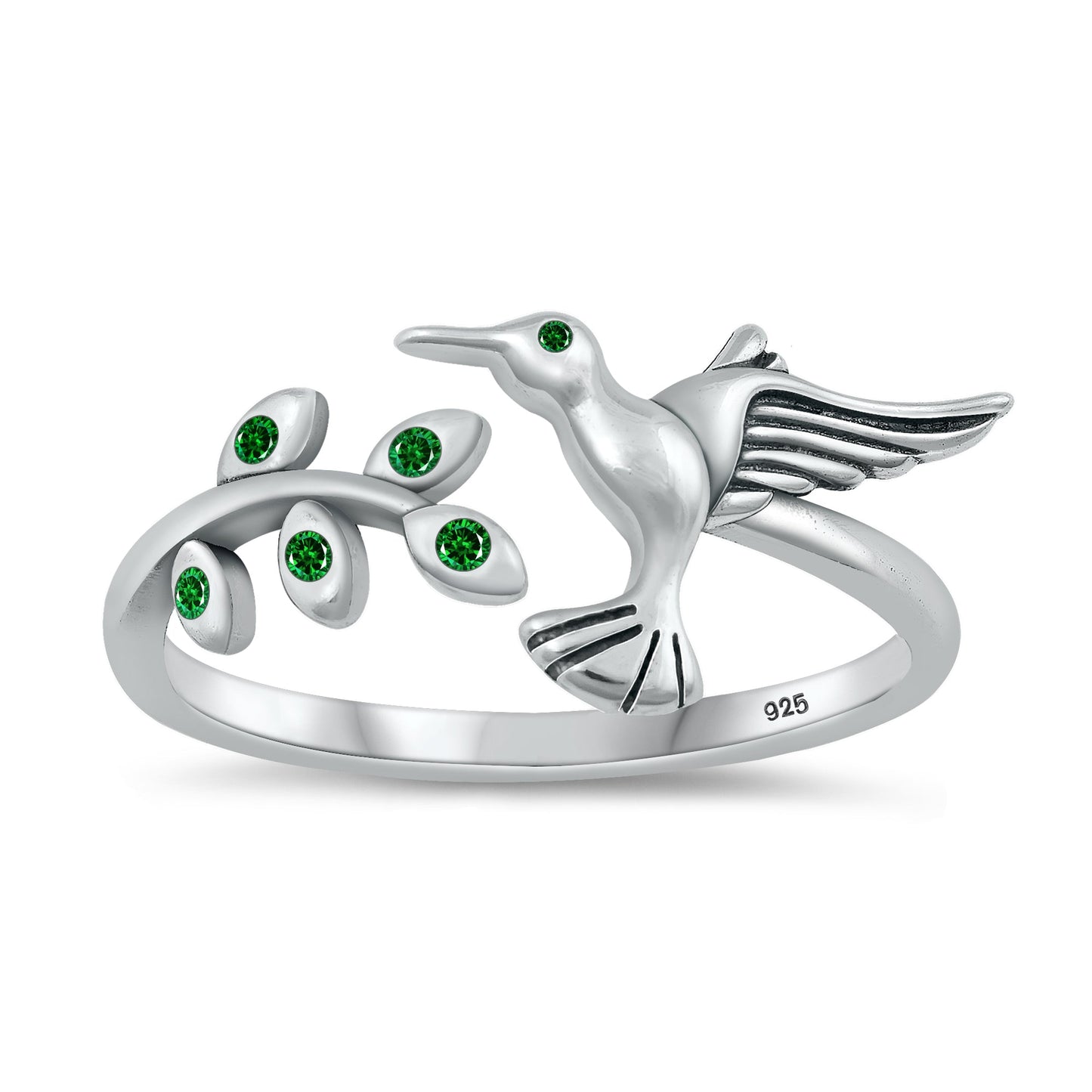 Sterling Silver Emerald CZ Hummingbird Ring