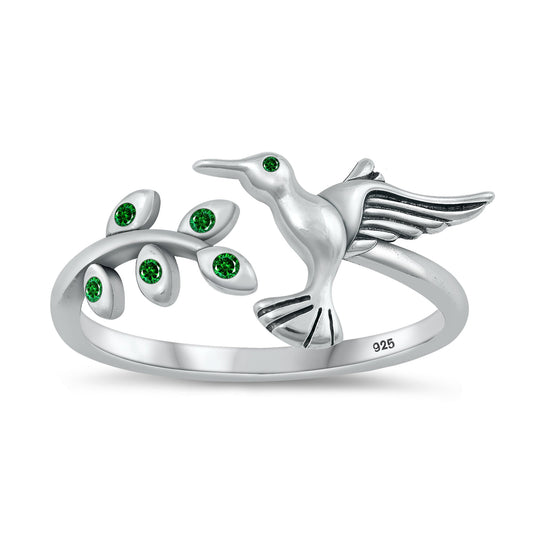 Sterling Silver Emerald CZ Hummingbird Ring
