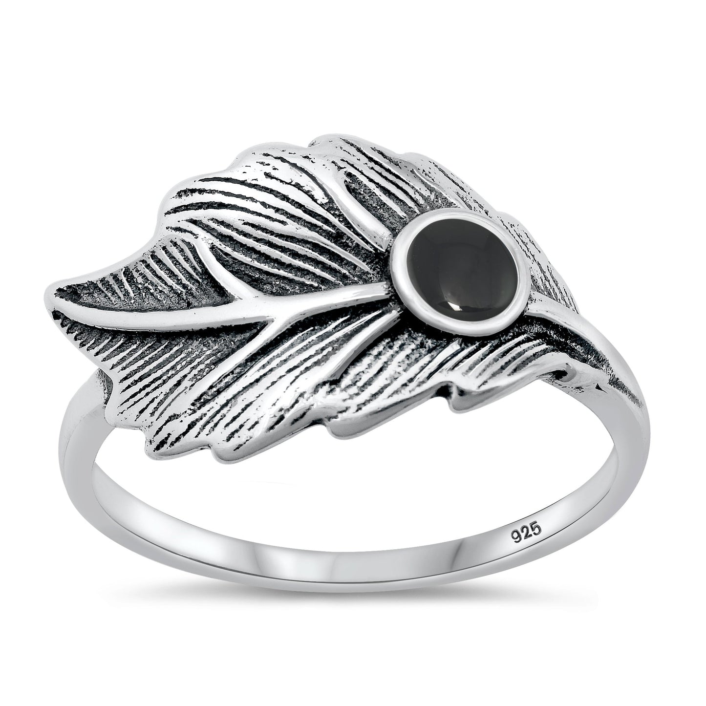 Sterling Silver Black Agate Leaf Ring