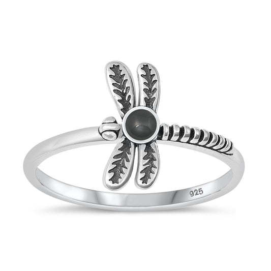 Sterling Silver Black Agate Dragonfly Ring