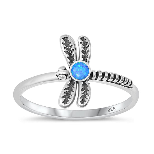 Sterling Silver Blue Lab Opal Dragonfly Ring