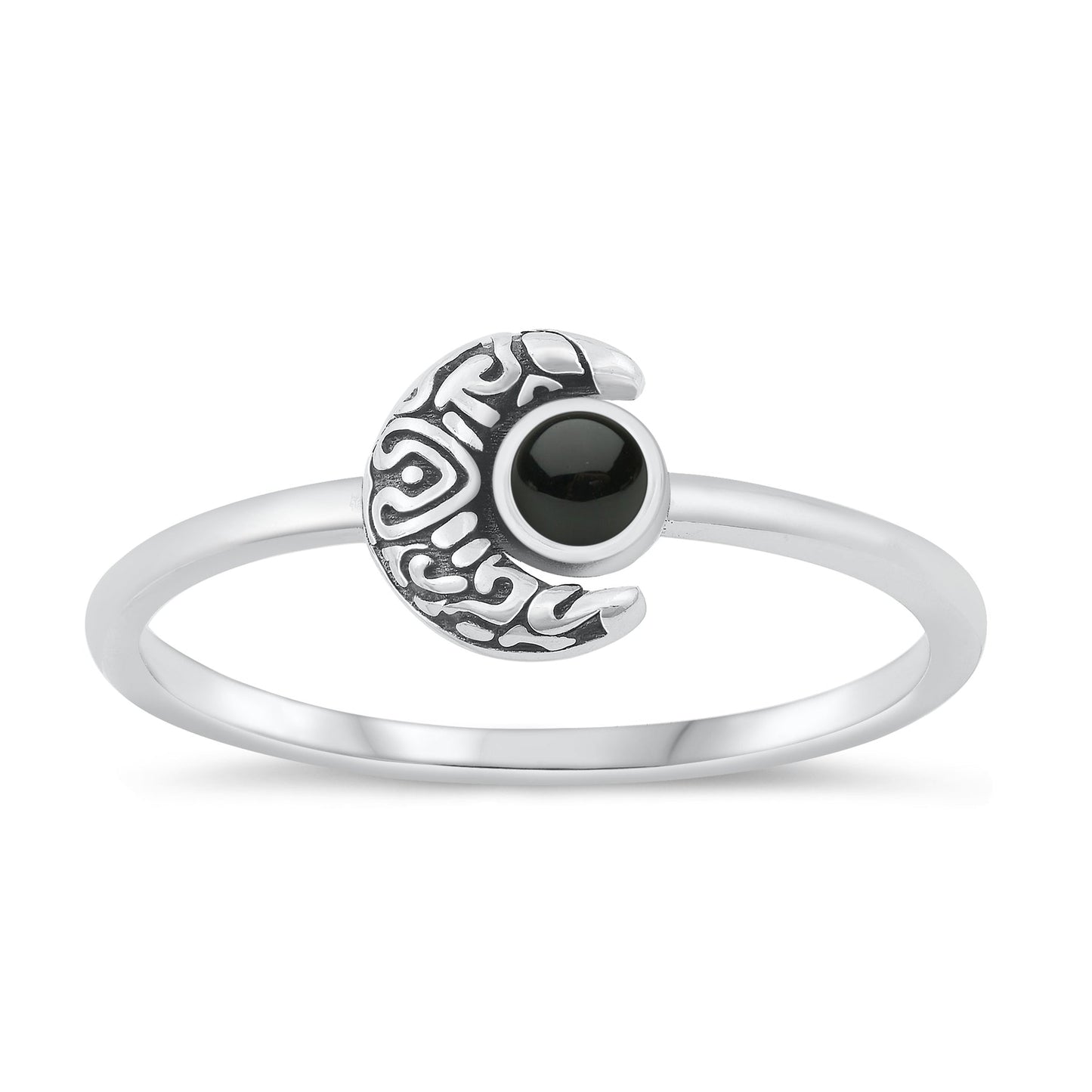 Sterling Silver Black Agate Moon Ring