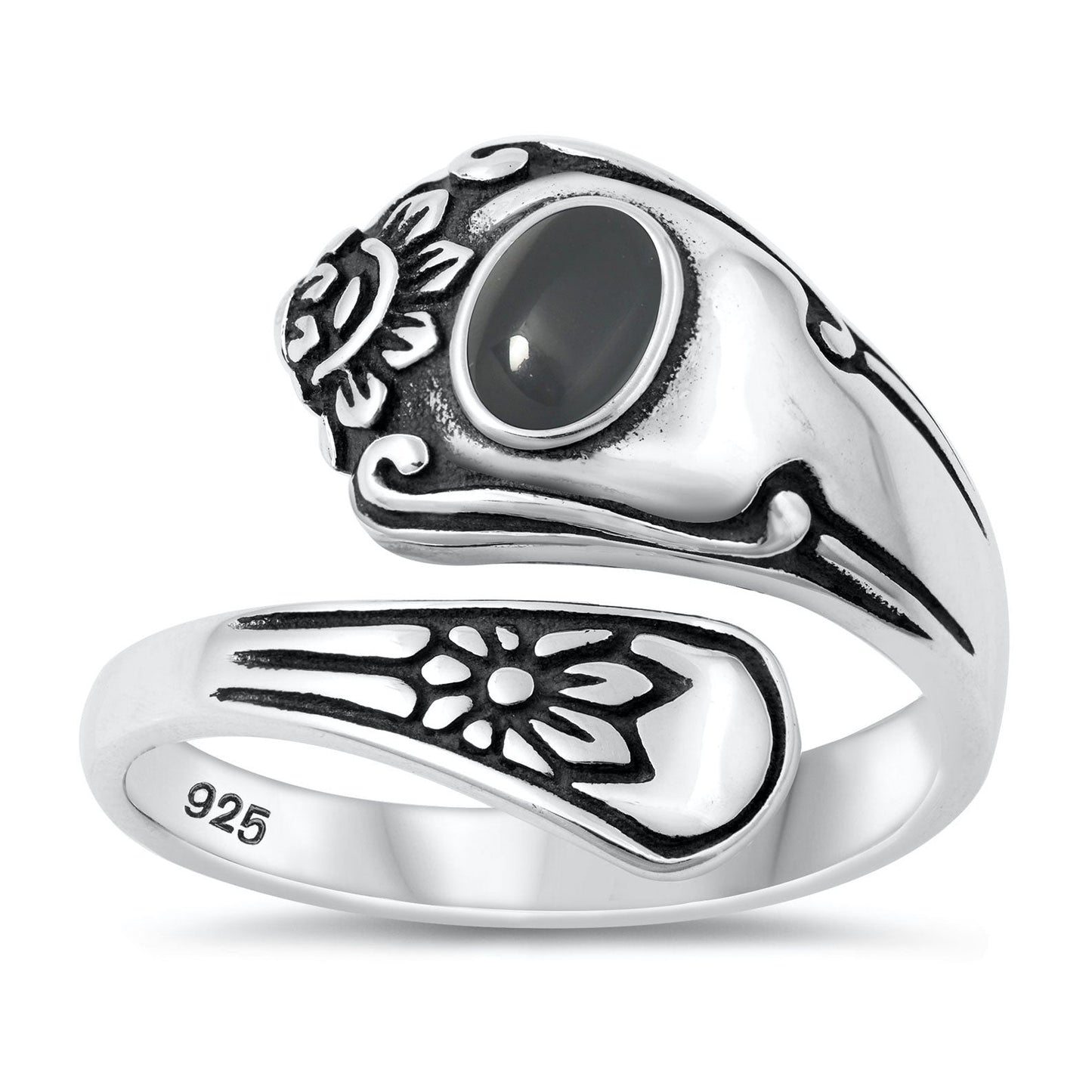 Sterling Silver Black Agate Spoon Ring