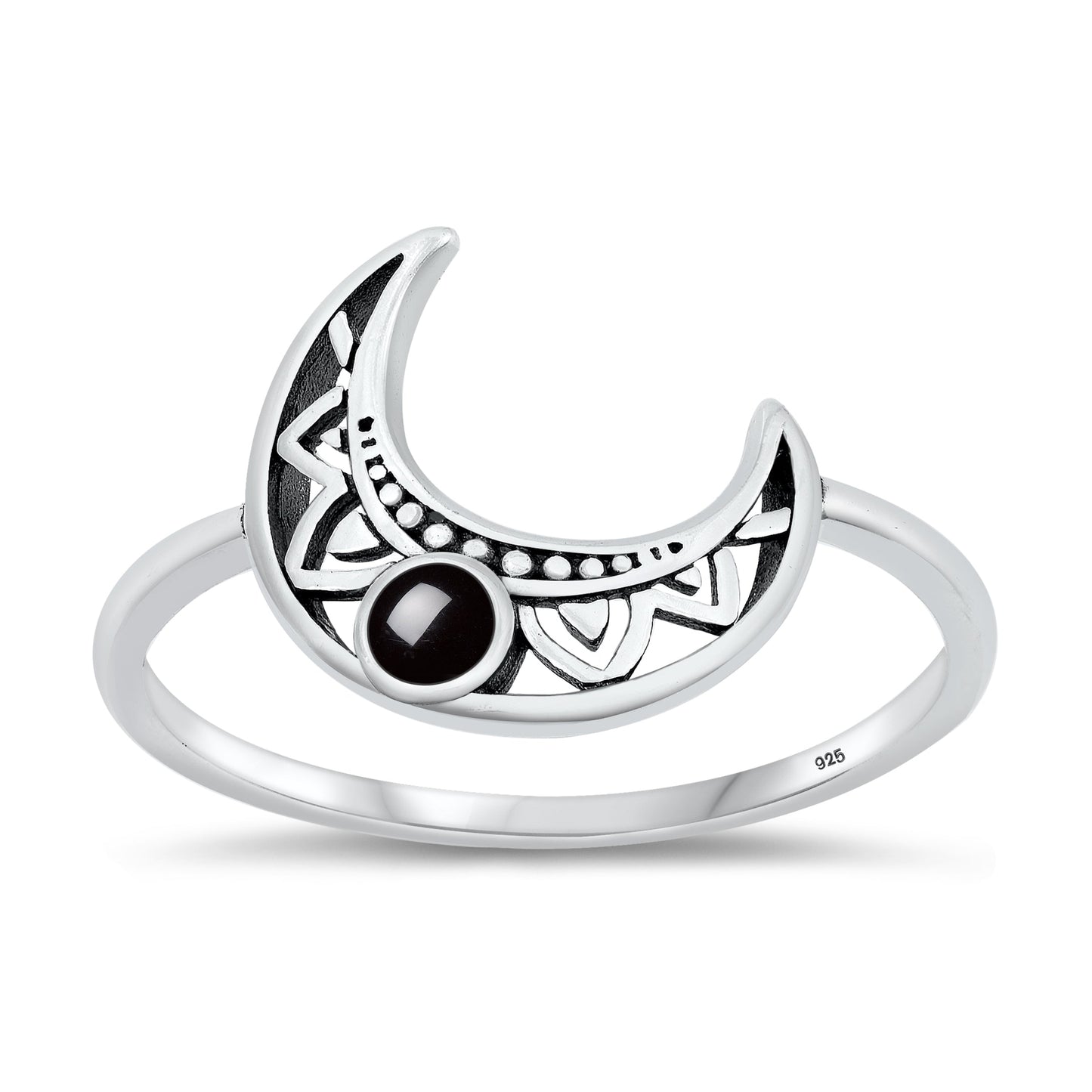 Sterling Silver Black Agate Moon Ring
