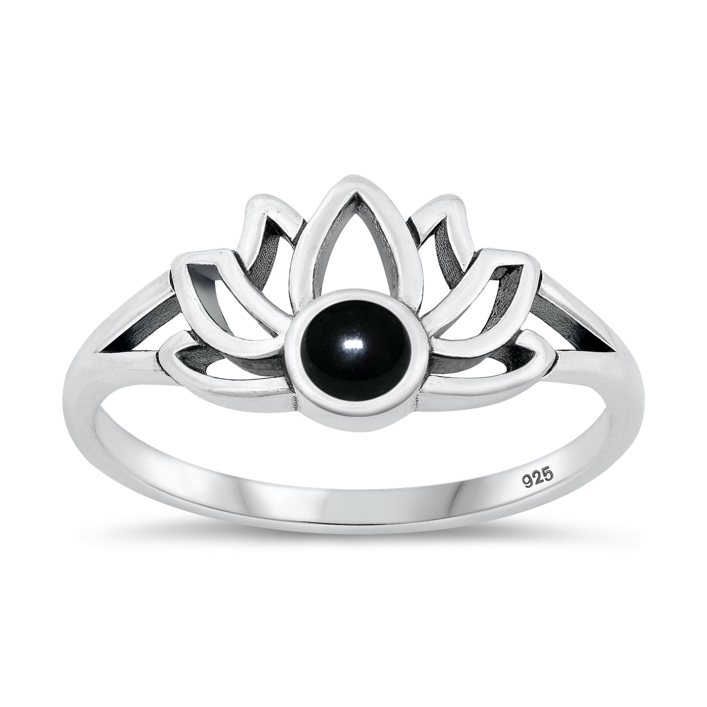 Sterling Silver Black Agate Lotus Flower Ring