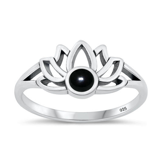 Sterling Silver Black Agate Lotus Flower Ring