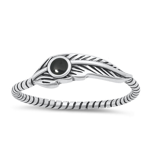 Sterling Silver Black Agate Feather Ring