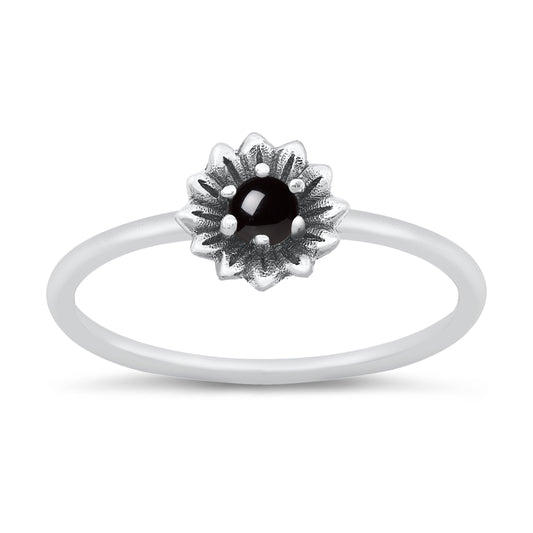 Sterling Silver Black Agate Flower Ring