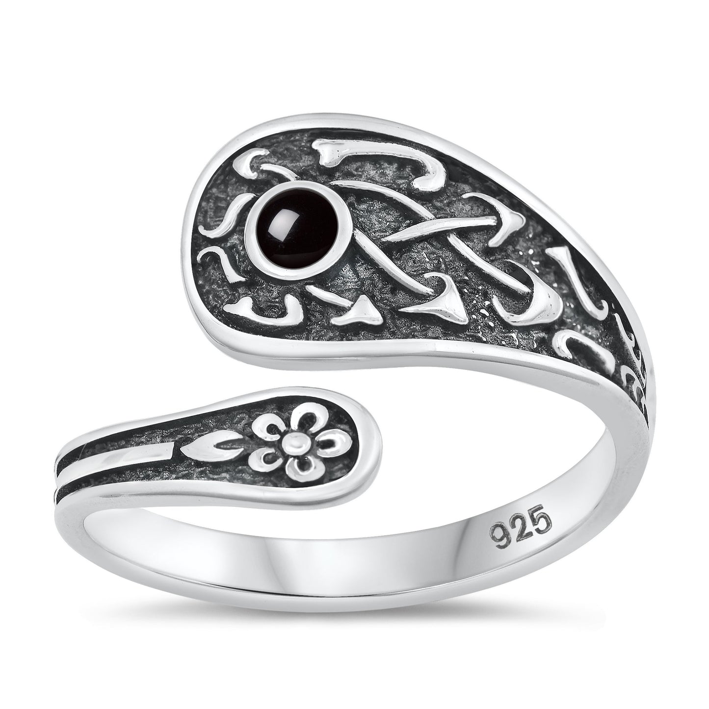 Sterling Silver Black Agate Mushroom Flower Spoon Ring
