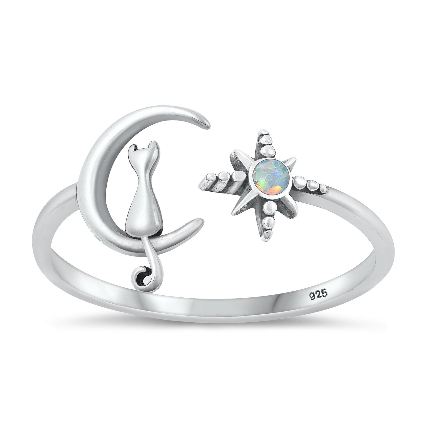 Sterling Silver White Lab Opal Cat Moon Star Ring