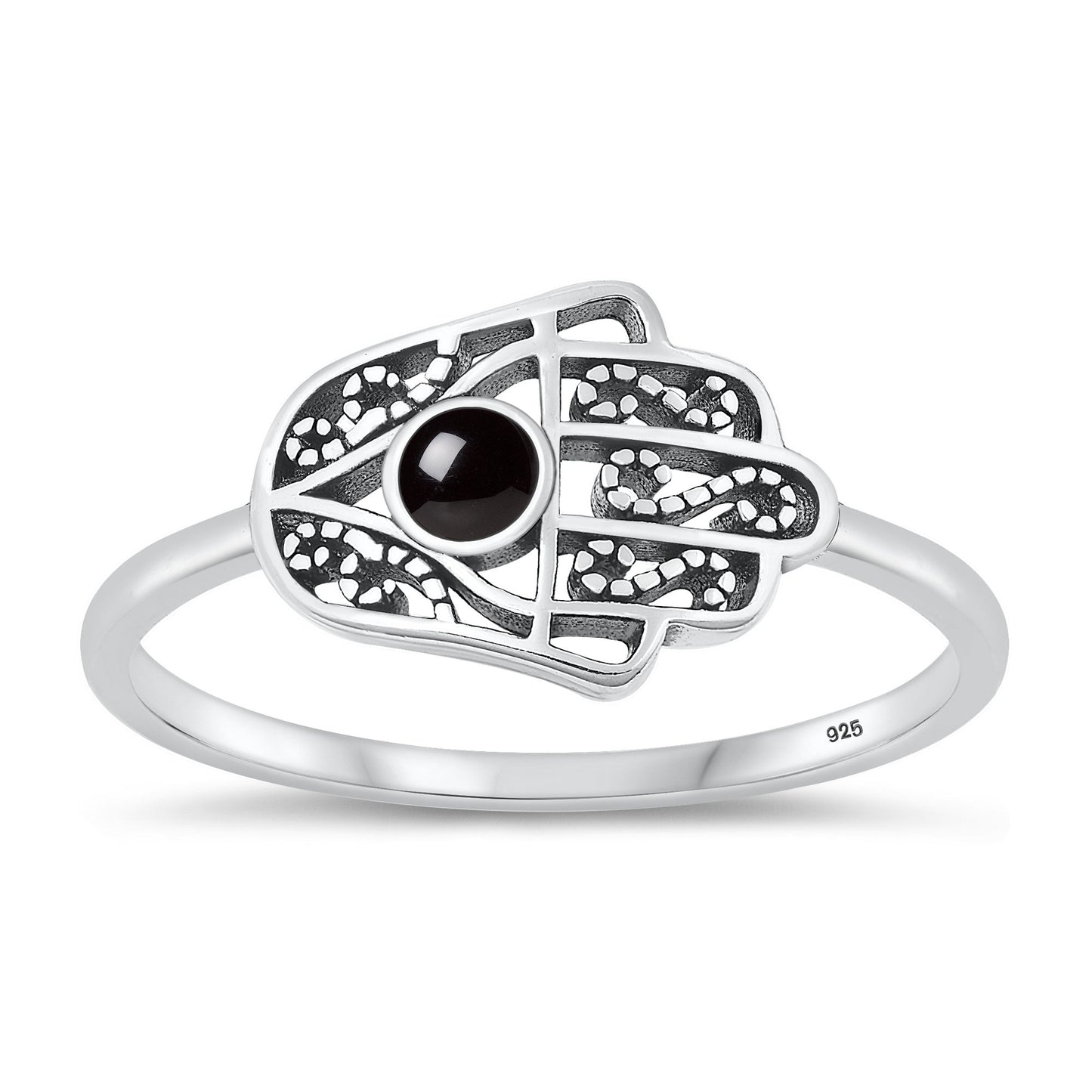 Sterling Silver Black Agate Hamsa Ring