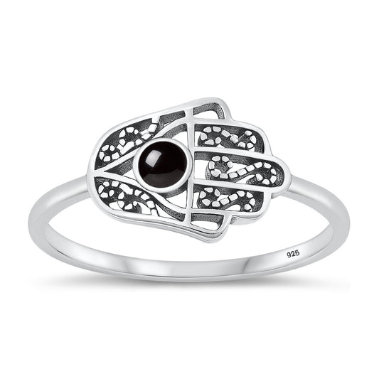 Sterling Silver Black Agate Hamsa Ring